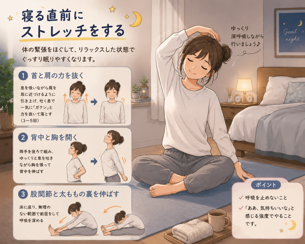 寝る前に行っている軽いストレッチ