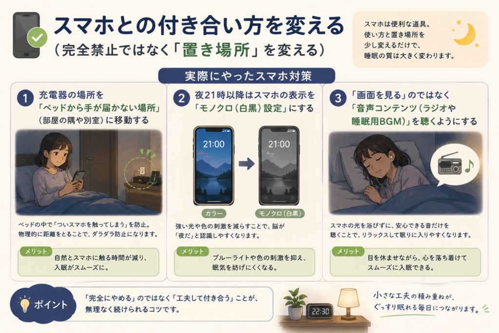 スマホをベッドから離れた場所で充電している様子